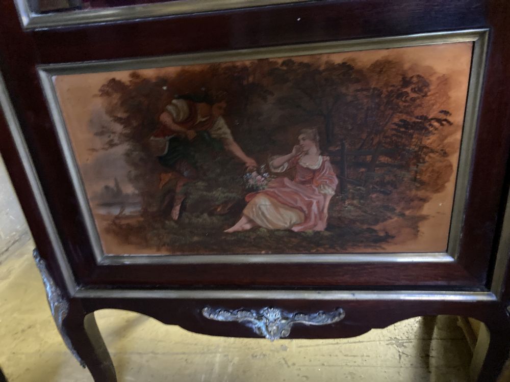 A Vernis Martins style marble top gilt metal mounted vitrine, width 62cm, depth 33cm, height 152cm